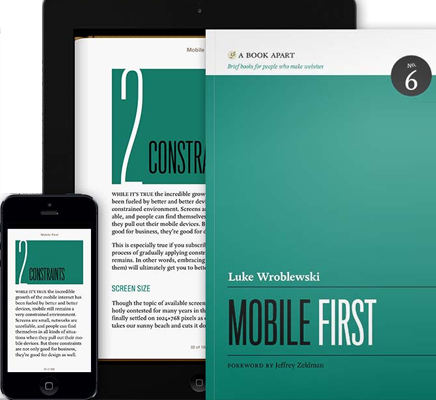 Mobile First Web Design book seen on a phone, ipad and as a hard copy.